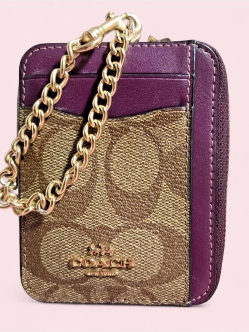 Coach Card & Key Holder in Brown Signature Canvas with Purple Trim